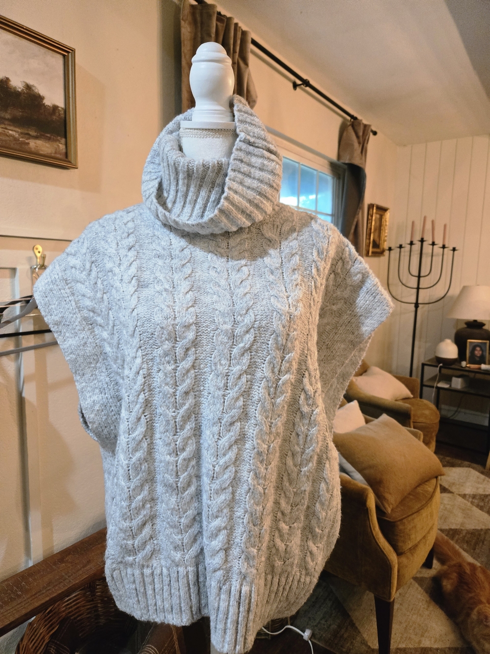 Joie Light Gray Cable-Knit Turtleneck Poncho Sweater